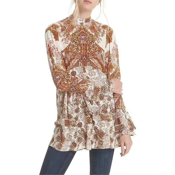 Free People Lady Luck Floral Printed Pink Tunic Dress will long Bell Sleeves Siz - Picture 1 of 9